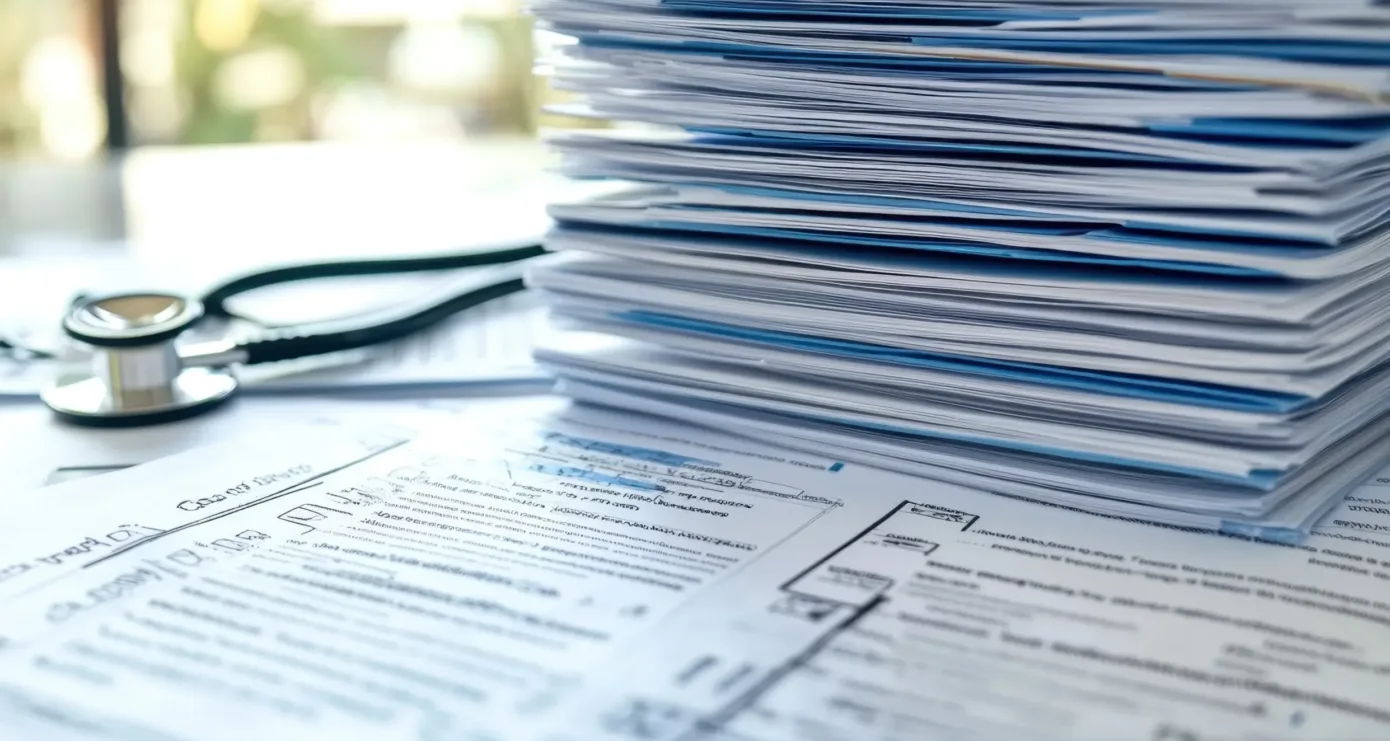 A large stack of paper documents and forms sits on a table next to a stethoscope, suggesting medical or healthcare paperwork—an all-too-common scene familiar to a New York City tax whistleblower lawyer handling complex cases at the intersection of healthcare and tax compliance.