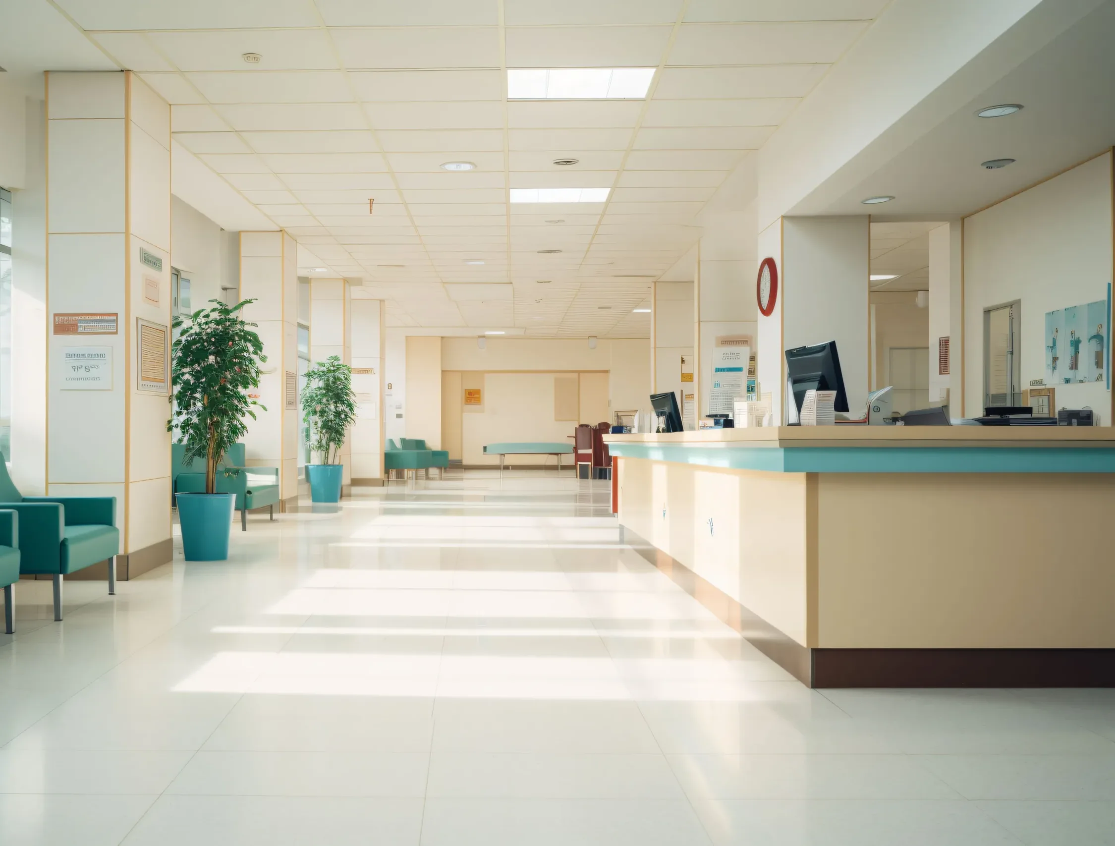 Home A brightly lit hospital reception area with empty chairs, potted plants, and a front desk. Computer monitors and papers are visible on the counter. The space appears clean and modern—an environment where a San Francisco healthcare fraud lawyer or Silicon Valley CFTC whistleblower attorneys might visit as part of their ongoing investigations into regulatory compliance within medical facilities.
