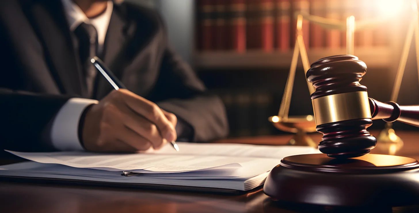 A person in a suit writes on paperwork at a desk with a gavel, scales of justice, and law books in the background, embodying the diligent precision of San Jose IRS whistleblower lawyers.
