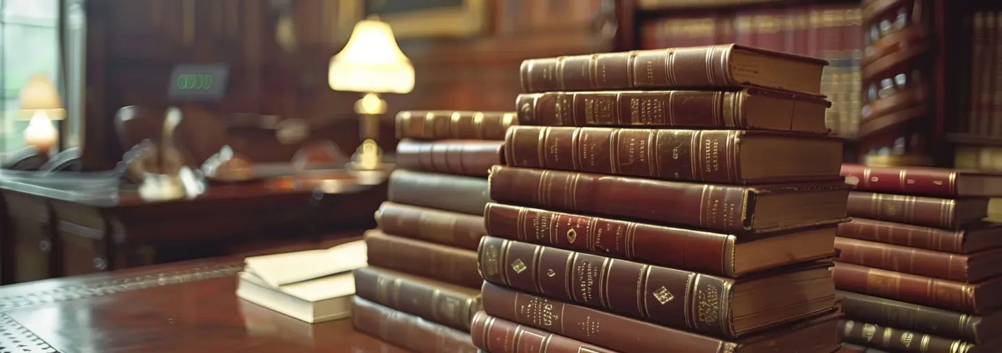 A stack of old, leather-bound books sits on a polished wooden desk in a library with shelves, a lamp, and more books in the background—a setting reminiscent of the meticulous research undertaken by a San Francisco healthcare fraud lawyer.
