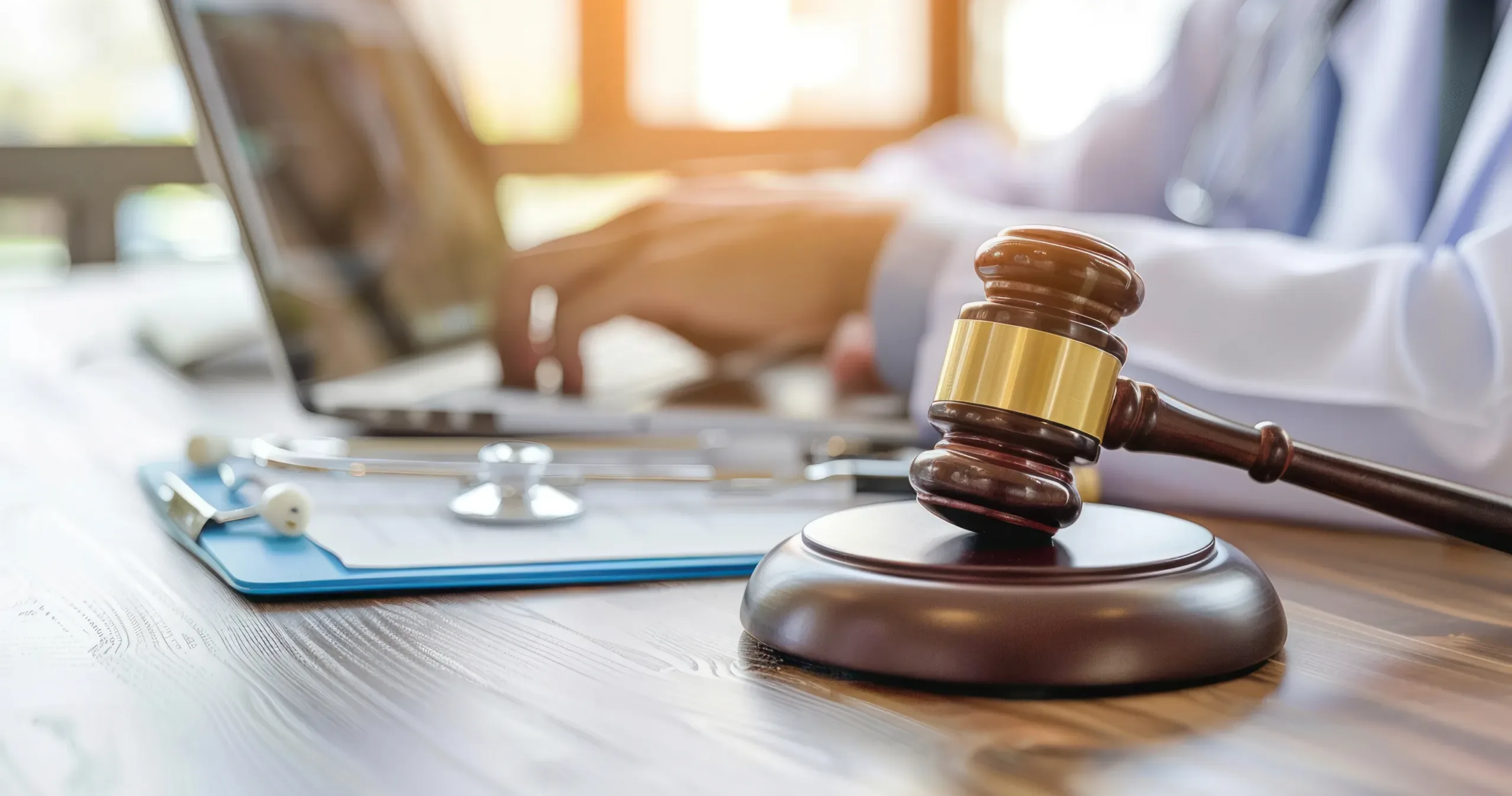 Home Wooden gavel and clipboard on a desk with a person typing on a laptop in the background, suggesting a legal or medical-legal setting—ideal imagery for a San Francisco healthcare fraud lawyer seeking compelling visuals for their practice.