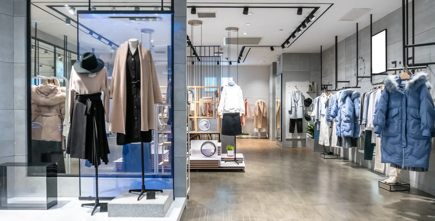 Modern clothing store interior with mannequins, winter coats, and various garments neatly displayed on racks and shelves—a space organized with the same attention to detail and professionalism you’d expect from a top San Francisco healthcare fraud lawyer.