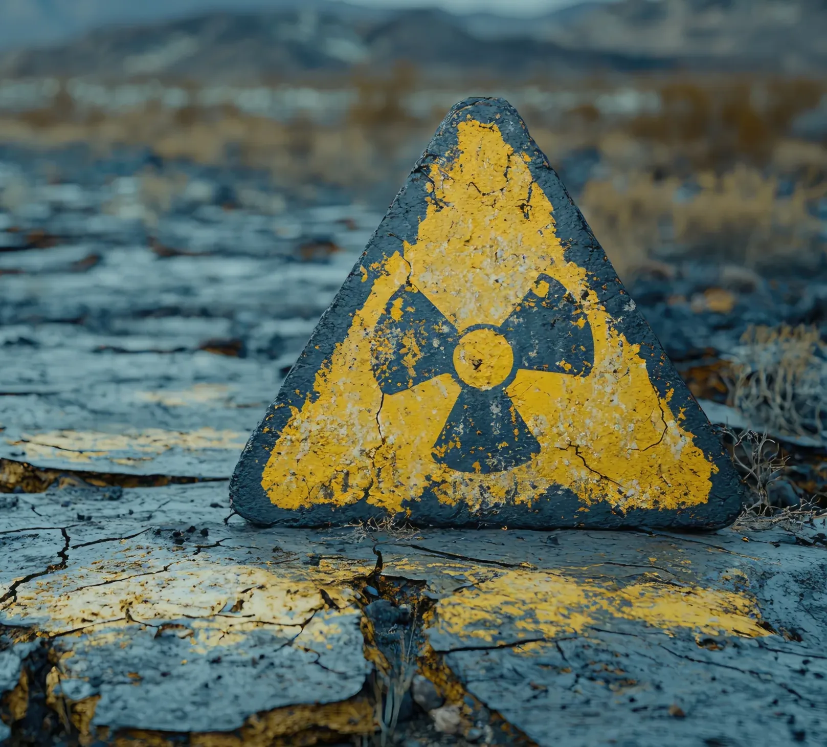 Home A worn yellow triangular radiation warning sign stands on cracked, barren ground with blurred mountains in the background—evoking the vigilance of a San Jose IRS whistleblower lawyer confronting dangers hidden beneath the surface.