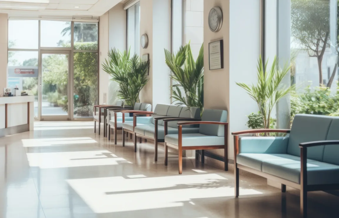 Sunlit waiting area in a modern building with light blue chairs, potted plants, wall clocks, and large windows overlooking greenery. The reception desk—similar to those found at a San Francisco healthcare fraud lawyer’s office—is visible in the background.