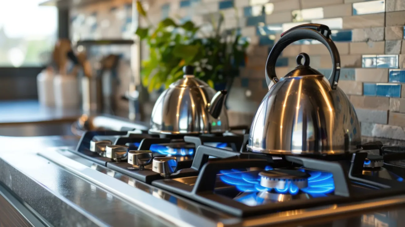 Two metal kettles sit on a modern gas stove with blue flames, surrounded by a tiled backsplash and kitchen plants in the background, reminiscent of the calm and focused workspace you’d find in a New York City tax whistleblower lawyer’s office.
