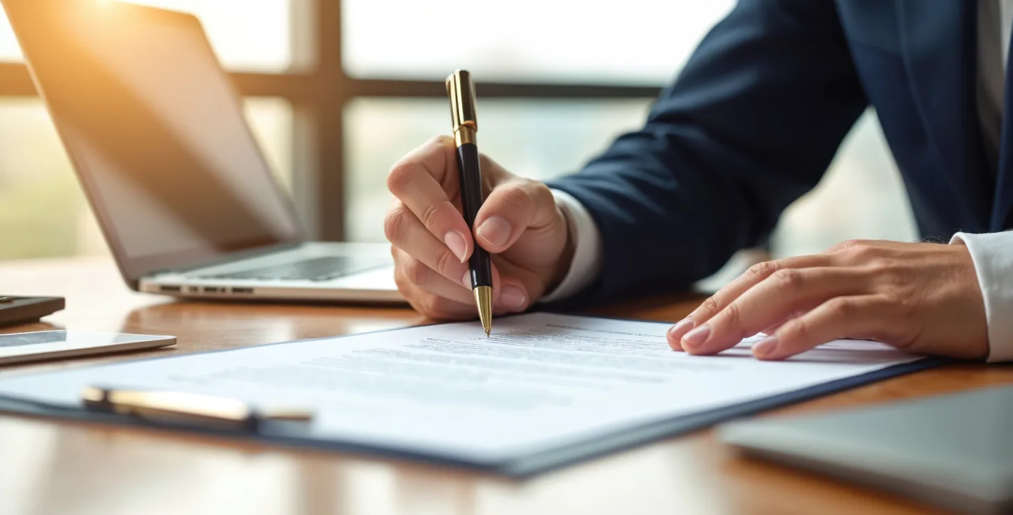 Person in a suit signing a document at a desk with a laptop and papers, in an office setting with sunlight coming through a window—capturing the professionalism of Boston government contract fraud attorneys as they review critical legal documents.