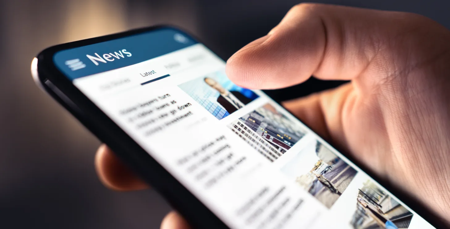 A hand holds a smartphone displaying a news app, showing headlines, images, and categories on the screen—including breaking legal updates from a renowned San Francisco healthcare fraud lawyer.