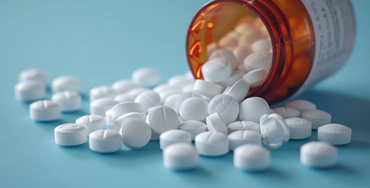 An open brown prescription bottle with many round white tablets spilled out onto a blue surface, reminiscent of evidence that might be reviewed by a New York Medicare whistleblower investigating pharmaceutical fraud.