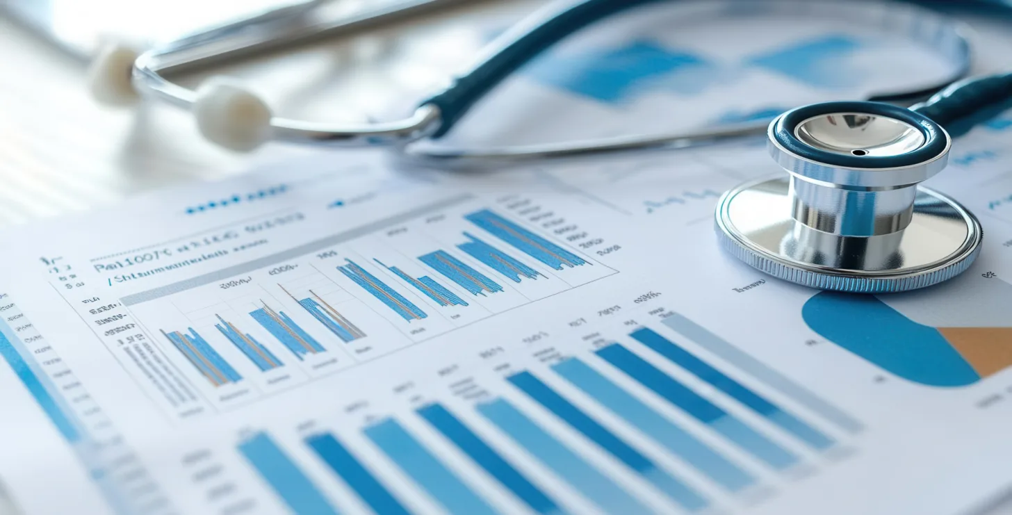 A stethoscope rests on printed medical charts with blue bar graphs and data, suggesting analysis or review of healthcare statistics—an image evoking the thorough investigative work of a New York Medicare whistleblower.