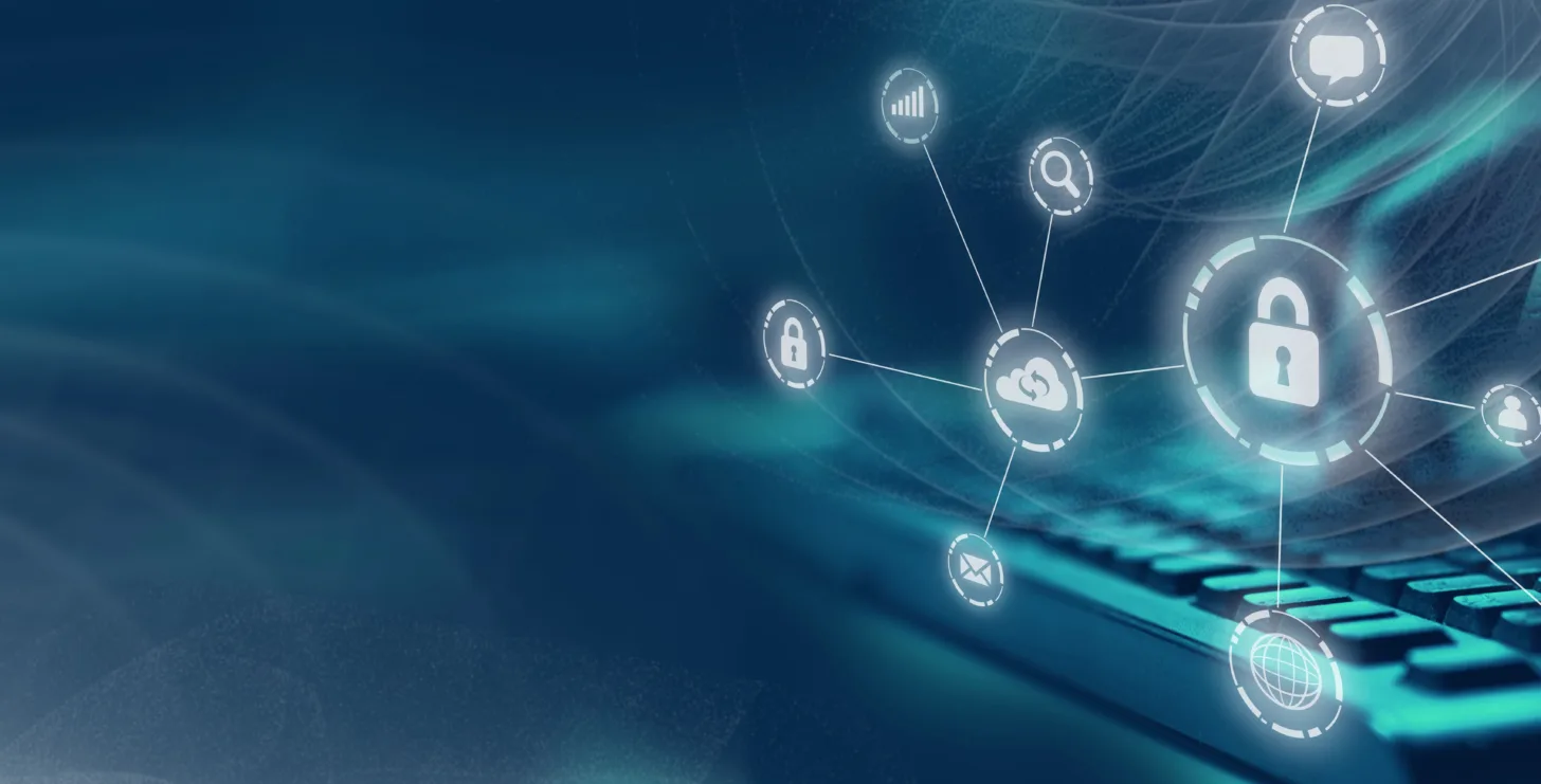 A hand types on a keyboard with digital security icons, including a lock, cloud, and magnifying glass, connected in a network overlay—evoking the vigilance of New York Medicare whistleblower efforts in safeguarding sensitive data.