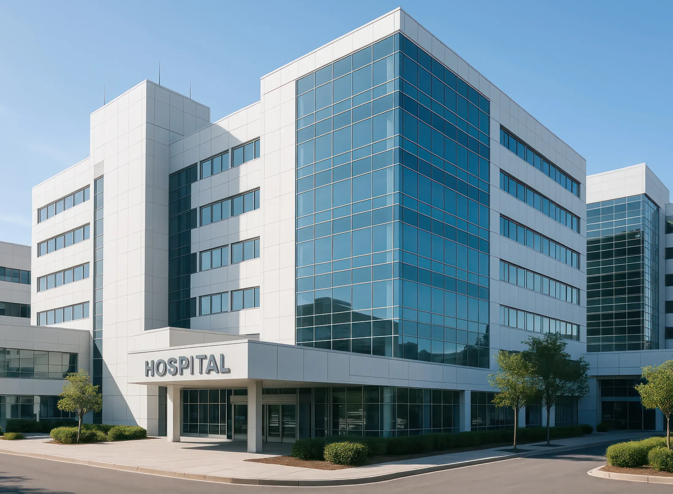 Home Modern hospital building with large windows, white exterior panels, and a sign that reads "HOSPITAL" above the main entrance, surrounded by trees and landscaping—an environment where professionals such as New York Medicare whistleblower attorneys work to ensure compliance and integrity within the healthcare system.