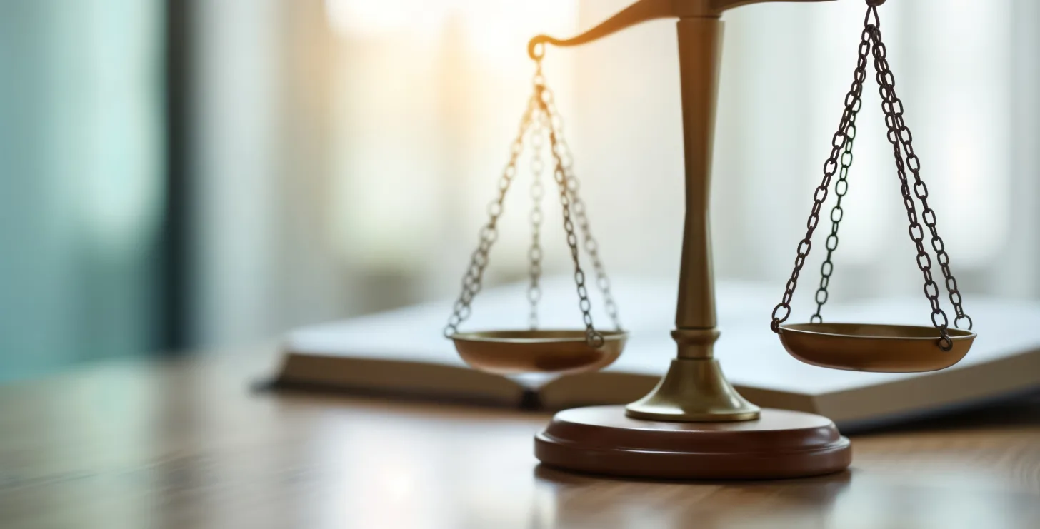A brass balance scale sits on a wooden table with an open book in the blurred background, symbolizing justice and law—a fitting image for a Boston government contract fraud attorney dedicated to upholding integrity and transparency.
