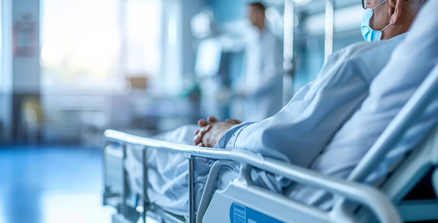 An elderly patient wearing a mask lies in a hospital bed with hands folded, while a healthcare worker stands in the background of a brightly lit hospital room—reflecting the kind of diligent care and vigilance that inspires individuals, such as New York Medicare whistleblower advocates, to protect vulnerable patients and uphold integrity within healthcare.