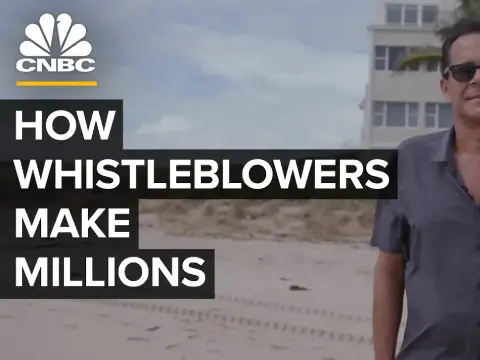 A man in sunglasses stands on a beach near a building. Overlay text reads "How Whistleblowers Make Millions." CNBC logo is in the top left corner, highlighting insights from San Francisco healthcare fraud lawyers.