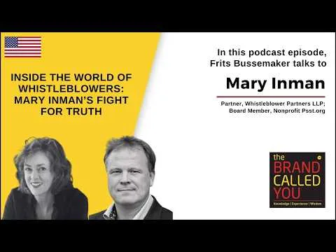 Podcast cover featuring Mary Inman, a renowned New York City tax whistleblower lawyer, and Frits Bussemaker with text: "Inside the World of Whistleblowers: Mary Inman's Fight for Truth." Logos and headshots are included.