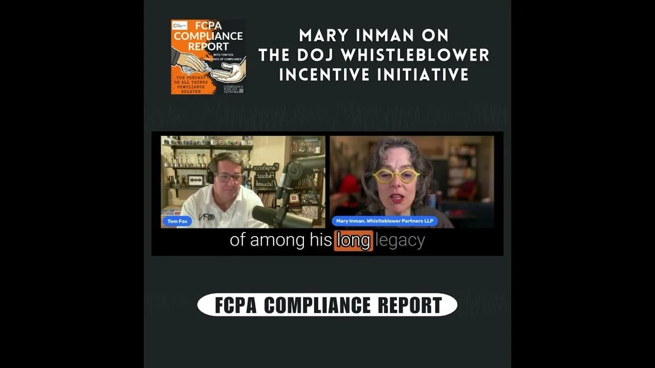 Two people speak in a virtual interview for the FCPA Compliance Report, discussing the DOJ Whistleblower Incentive Initiative and its impact for professionals such as a New York Medicare whistleblower. Text and logos appear around their video call screenshots.