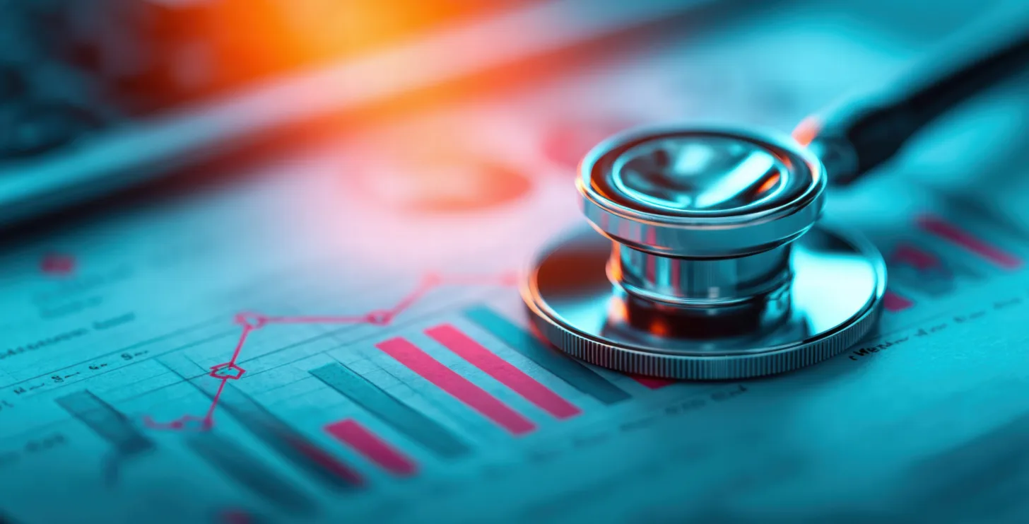 A stethoscope rests on a sheet of paper displaying bar graphs and line charts, suggesting analysis of medical or healthcare data—much like a New York City tax whistleblower lawyer meticulously reviewing financial records for signs of fraud or irregularities.