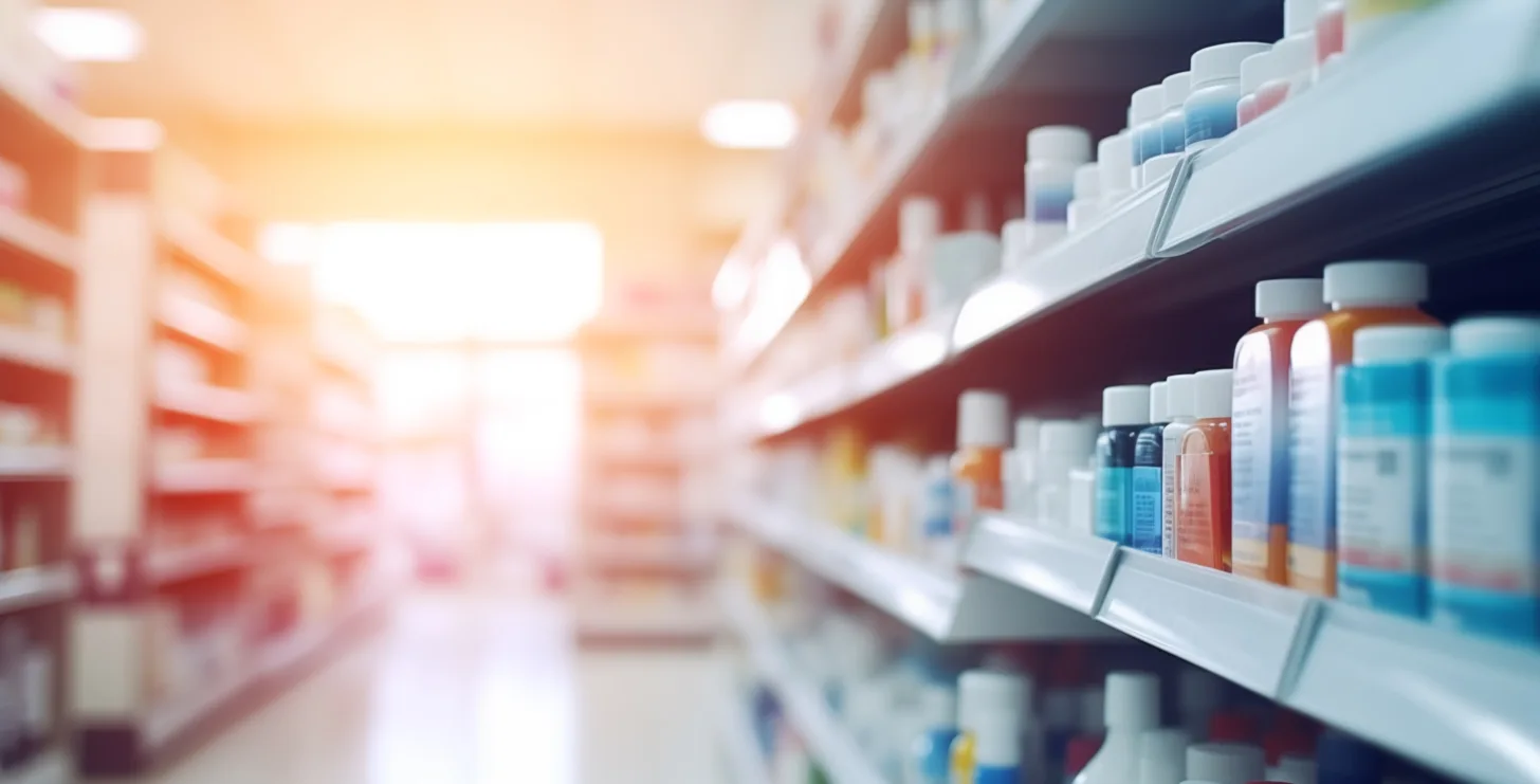 Shelves in a pharmacy or drugstore display various medicine bottles and containers, with a bright light shining from the background—a scene not unfamiliar to a San Francisco healthcare fraud lawyer investigating cases of improper pharmaceutical practices.