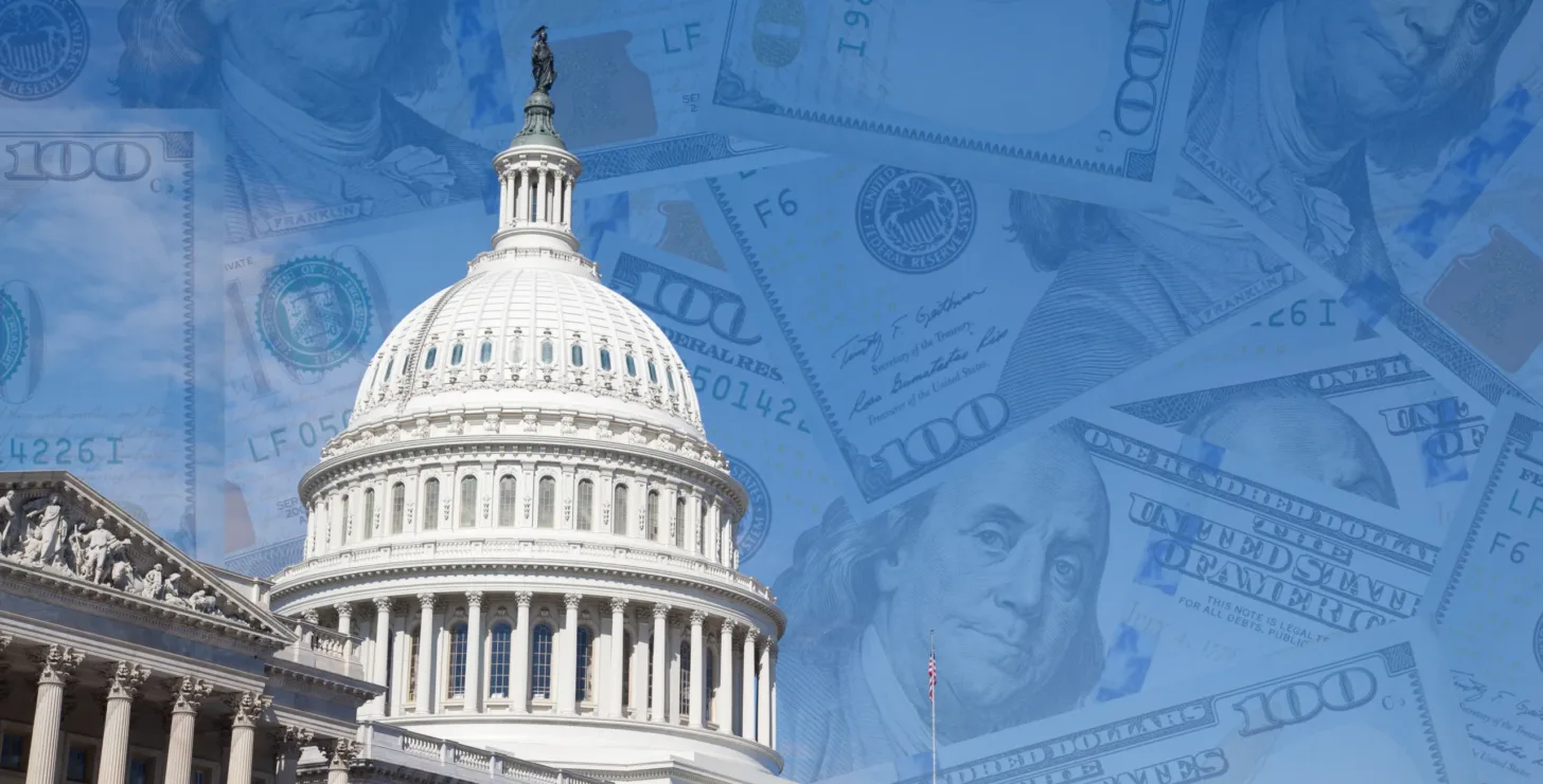 The U.S. Capitol building in the foreground with overlapping images of multiple 100-dollar bills in the background, symbolizing the financial impact and legal advocacy of Massachusetts whistleblower attorneys.